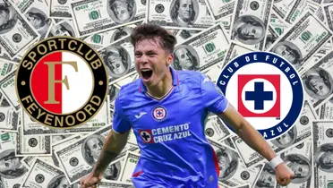 Rodrigo Huescas, junto a los escudos de Feyenoord y Cruz Azul/FOTO La Máquina Celeste