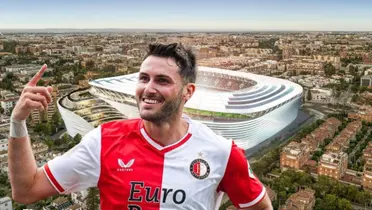 Santiago Giménez de fondo estadio futurista