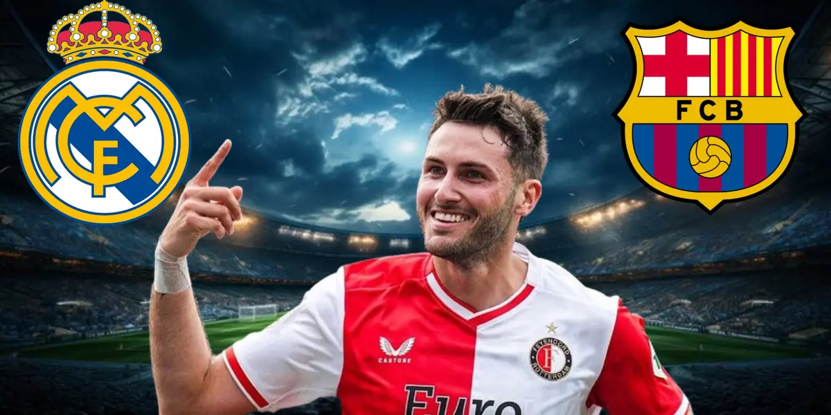 Santiago Giménez junto a los logos de Barcelona y Real Madrid