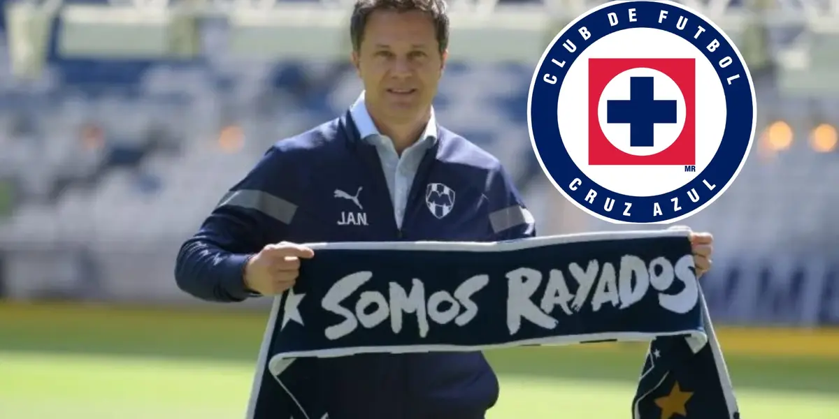 Tato Noriega en su presentación con Monterrey y el escudo de Cruz Azul