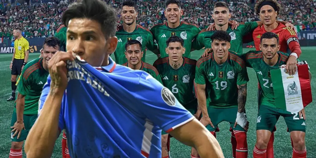 Uriel Antuna besando el escudo de Cruz Azul, selección azteca de fondo/La Máquina Celeste