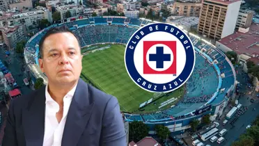 Víctor Velázquez con el escudo de Cruz Azul, de fondo el estadio azul
