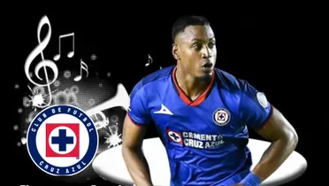 Willer Ditta, junto al escudo de Cruz Azul y de fondo notas musicales