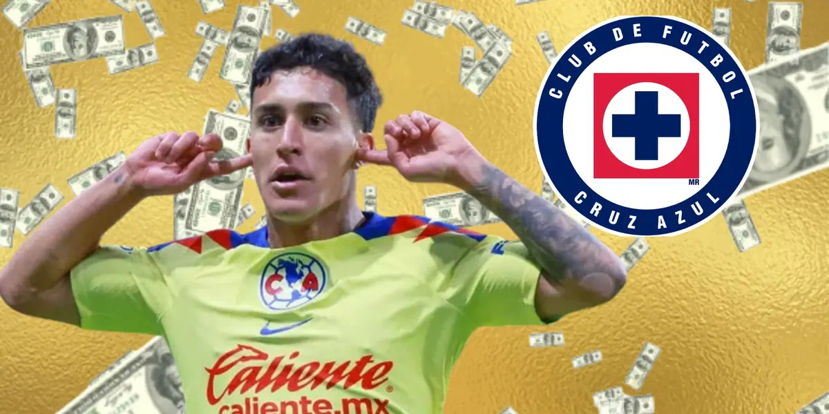 Zendejas celebrando un gol, escudo de Cruz Azul, dólares cayendo/La Máquina Celeste