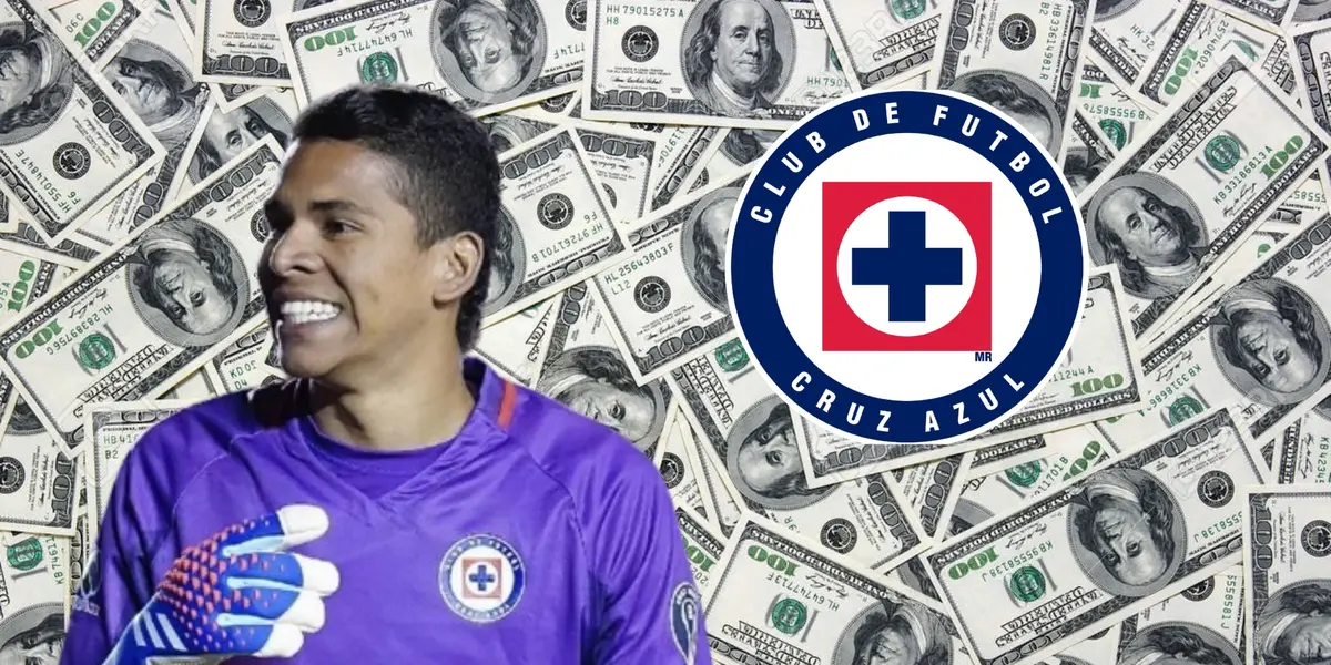 Mier con el escudo de Cruz Azul, de fondo dólares/La  Máquina Celeste